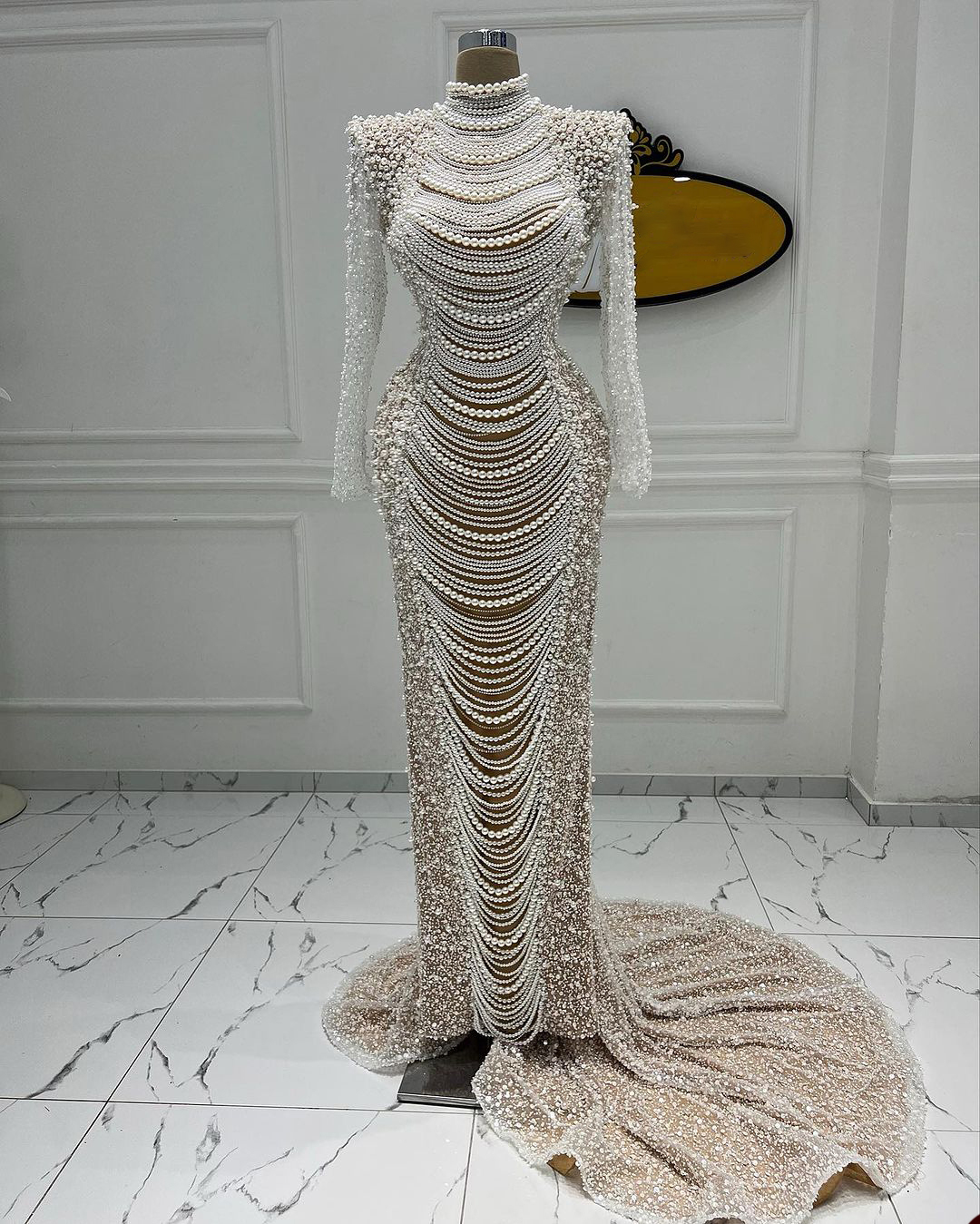 Urious More Pearls Mermaid Bridal Gowns Long Sleeve Wedding Dress High Neck Sequins Custom Made Bride Dresses Vestido De Novia 0219