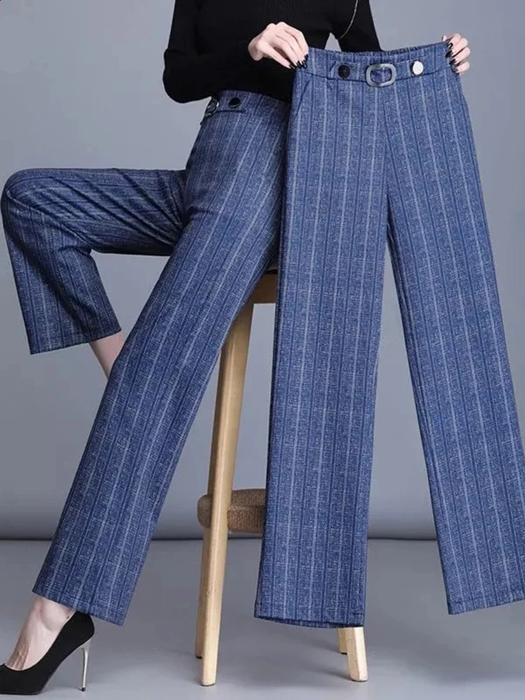 Oversize 4xl Plaid Office Straight Pants Korean Fashion Women Formal Wide Leg Pantalones Casual OL High Waist Trousers 240202