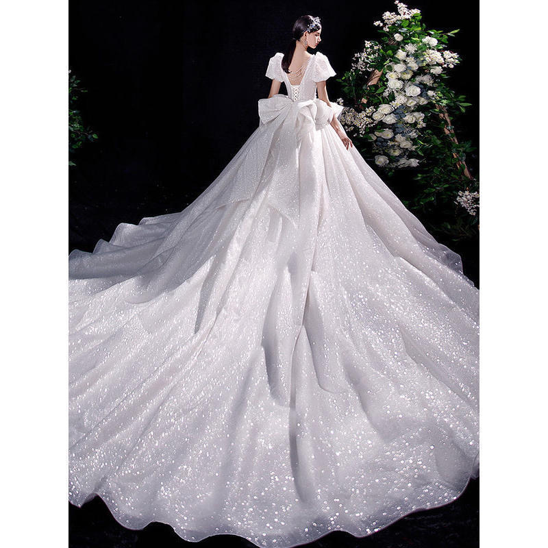 shiny white a line Wedding Dresses pearls tassels corset Hollow Back sweep Long train Boho Dress Beach Plus Size princess Bridal Gowns Custom Made Ves