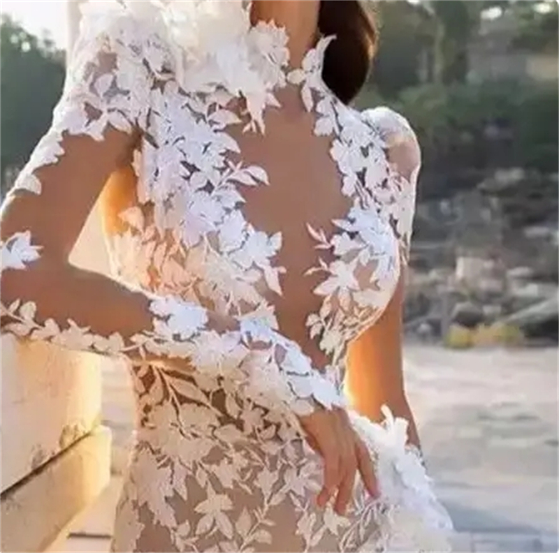 Boho Lace Mermaid Wedding Dresses Sexy Backless Side Split Beach Bridal Gowns 3D Floral Appliques Long Summer Illusion Bride Dress