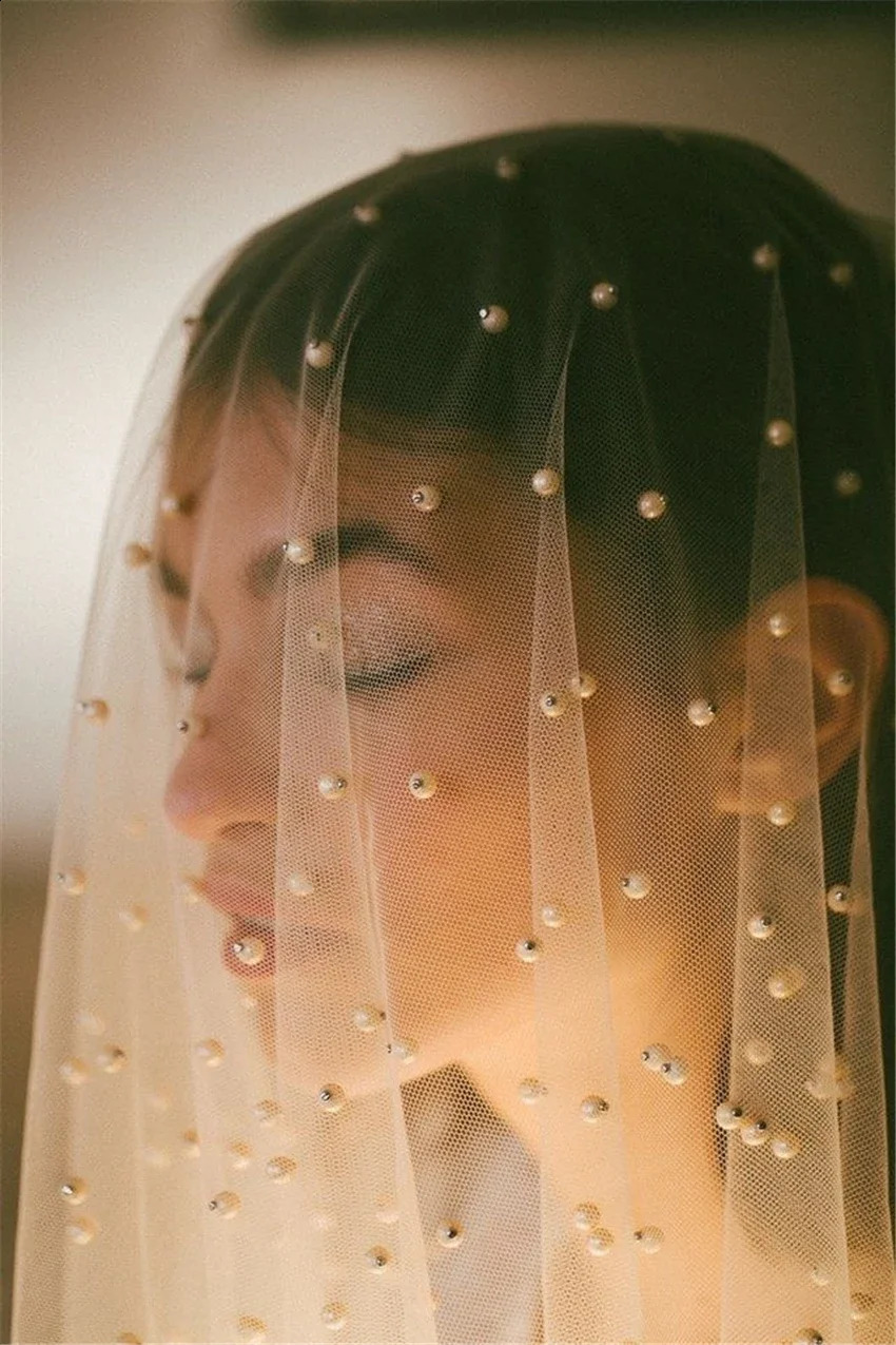 Pearls Bridal Veil 2 Tiers Blusher Wedding Veil Drop Veil Face-Covered With Comb WhiteIvory Velos de Noiva Bead Cathedral 300cm 240123