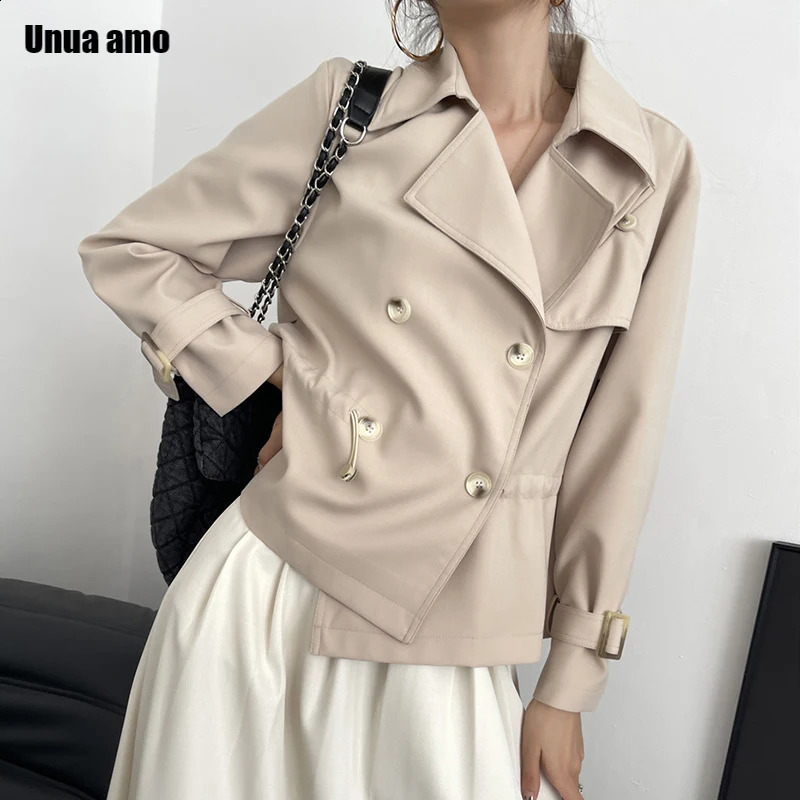 Spring Autumn Simple Short Trench Coat for Women High-end Korean Style Double Breasted Lace-up Windbreaker Jackets 240202