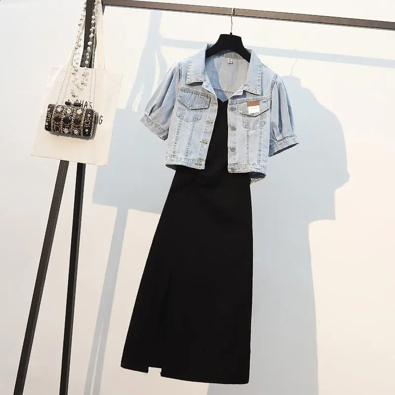 Oversized Women's Summer Set Women's Denim Coat Covering Belly and Slim Strap Dress Two Piece Set for Women 240129