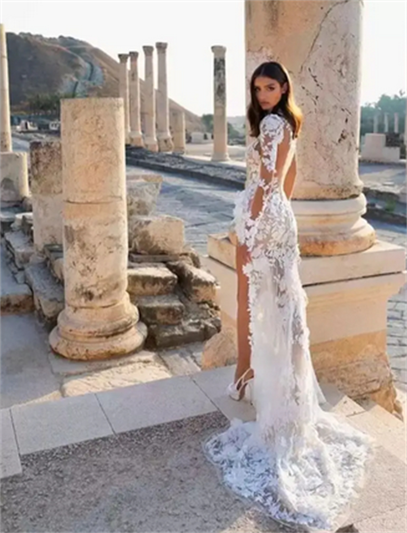 Boho Lace Mermaid Wedding Dresses Sexy Backless Side Split Beach Bridal Gowns 3D Floral Appliques Long Summer Illusion Bride Dress