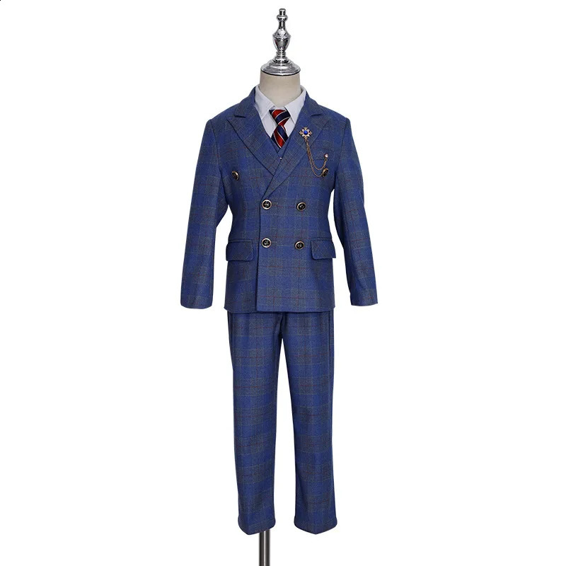 Children's Wedding Host Performance Party Dress Suit Set Autumn Winter Boys Plaid Blazer Vest Pants Clothes Kids Formal Costume 240119
