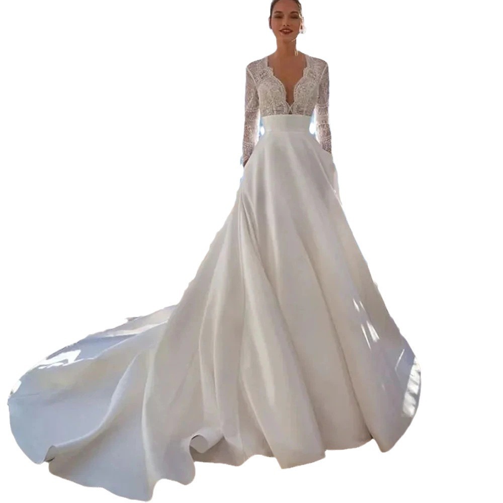 Beach Sexy lace satin Wedding Dresses deep v neck Sweetheart Lace Applique Satin Bridal Gowns With sweepTrain Custom Made elegant sexy plus size Vesti