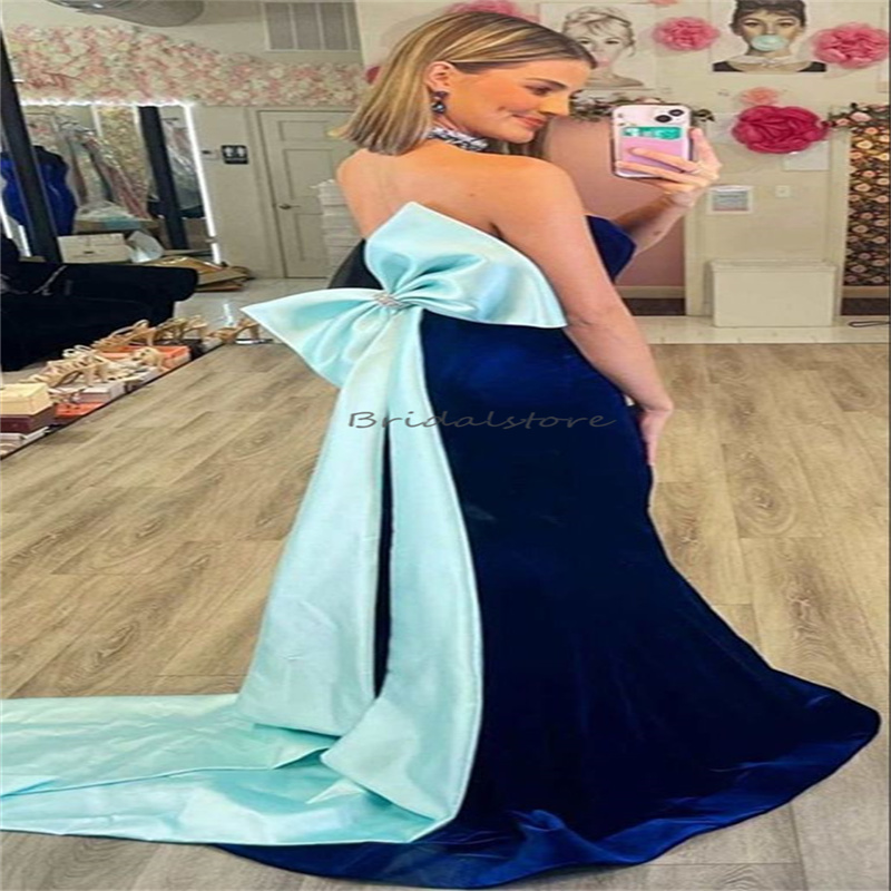 Navy Blue Mermaid Evening Dress With Big Bow Elegant Sweetheart Vintage Prom Dress 2024 Formal Occasion Party Gowns Glam Floor Length Robe De Soiree A