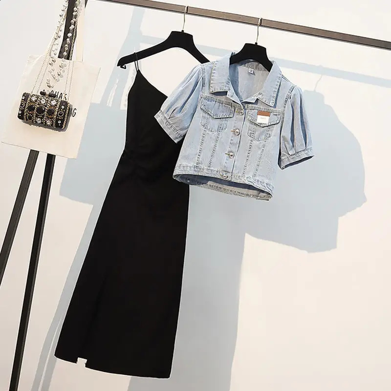 Oversized Women's Summer Set Women's Denim Coat Covering Belly and Slim Strap Dress Two Piece Set for Women 240129