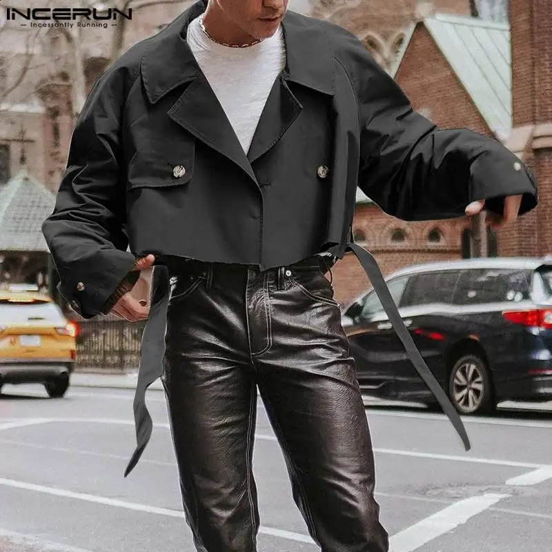 INCERUN Fashion Men Jackets Lapel Long Sleeve Solid Color Streetwear Male Crop Coats Loose Casual Jackets With Belt S-5XL 240126
