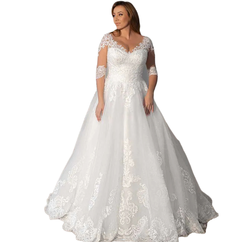 Elegant A Line Wedding Dresses Half Sleeves Lace Appliques V-Neck Ivory Tulle Long Bridal Gowns Court Train Back Buttons 2024 Spring Summer Garden Bri