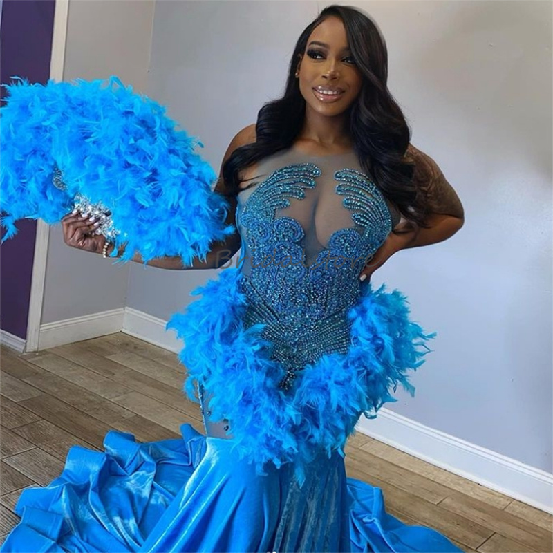 Gorgeous Blue Mermaid Evening Dresses With Feather Plus Size Velvet Black Girls Baddie Prom Dress Diamond Birthday Dress 2024 Pageant Formal Party Gow