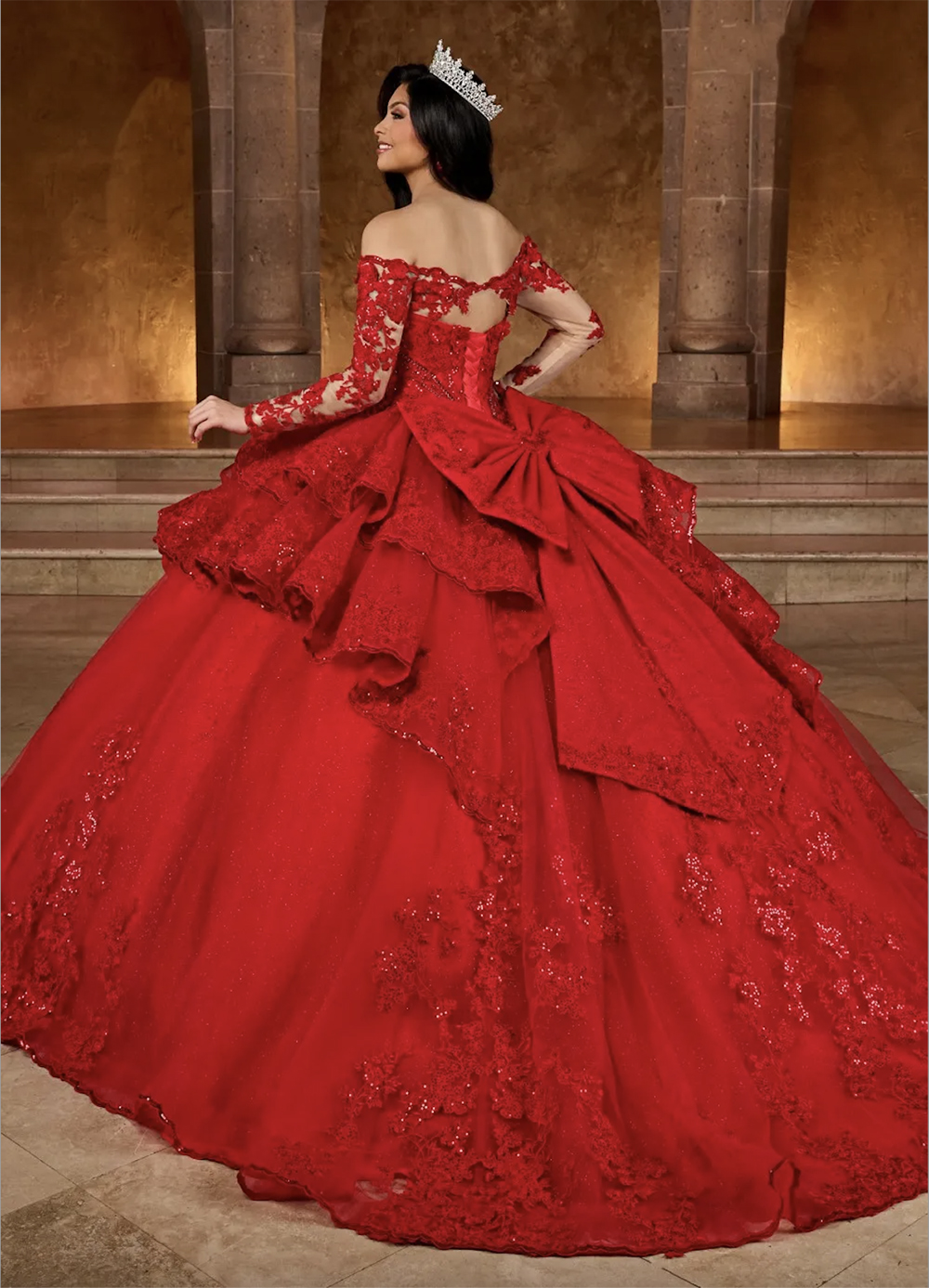 Red Ball Gown Lace Quinceanera Dresses Appliqued Prom Gowns With Long Sleeves Sequined Off The Shoulder Necke Tulle Sweet Masquerade Dress 6660306