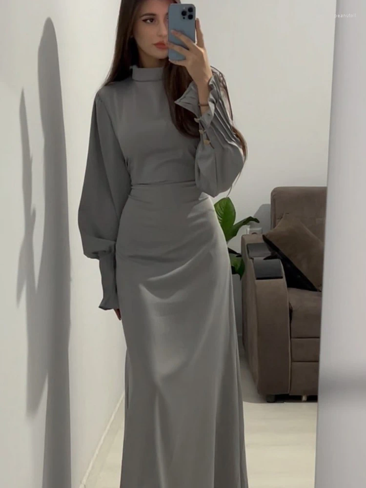 Ethnic Clothing Spring Eid Muslim Dress Women Abaya Slim Fit Petal Sleeve Satin Morocco Party Dresses Ramadan Islam Dubai Arab Long Robe B4