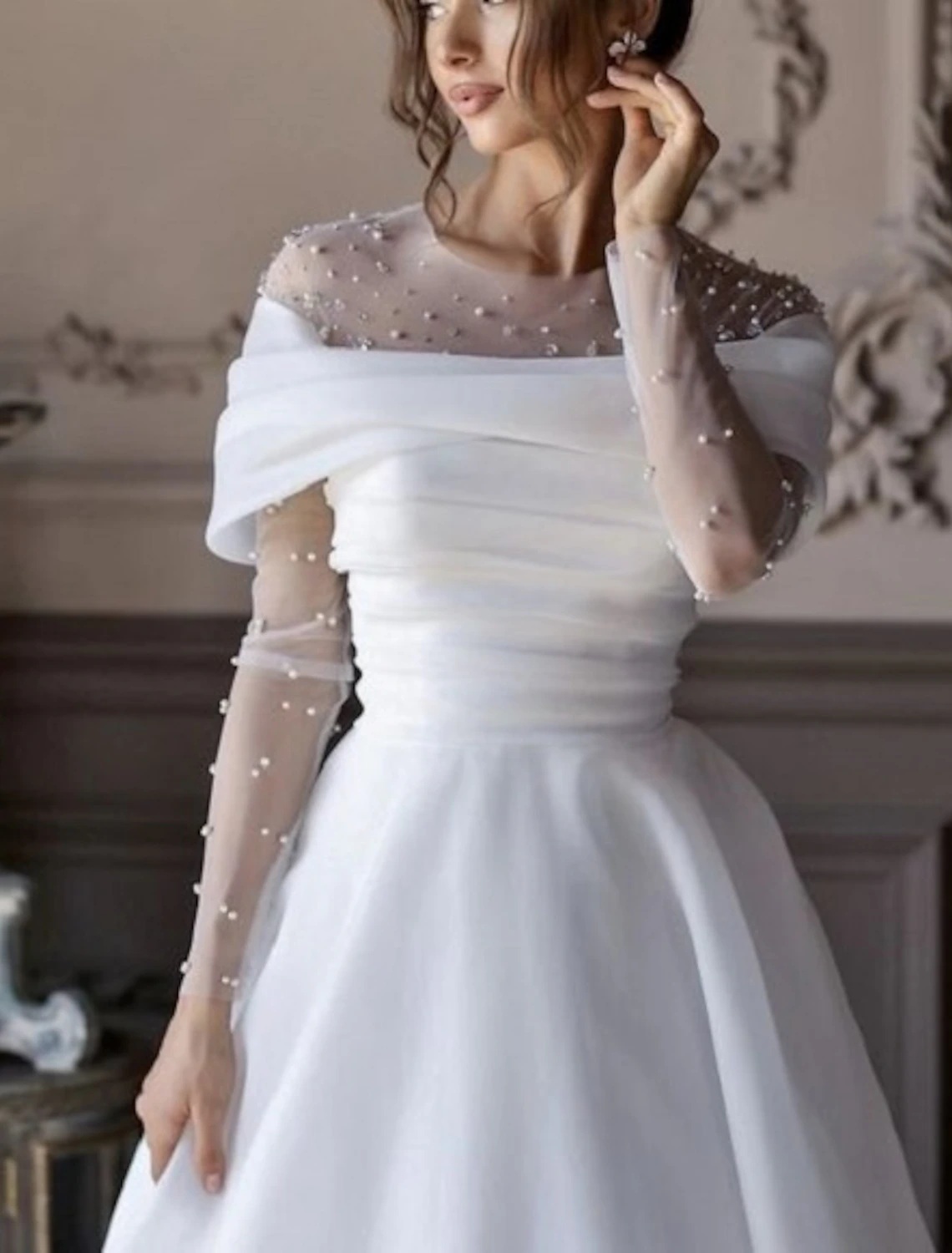 Long Exquisite Sleeves Wedding Dress Scoop Pearls Arabic Gowns Floor Trumpet Bridal Dresses Robe De Soiree es
