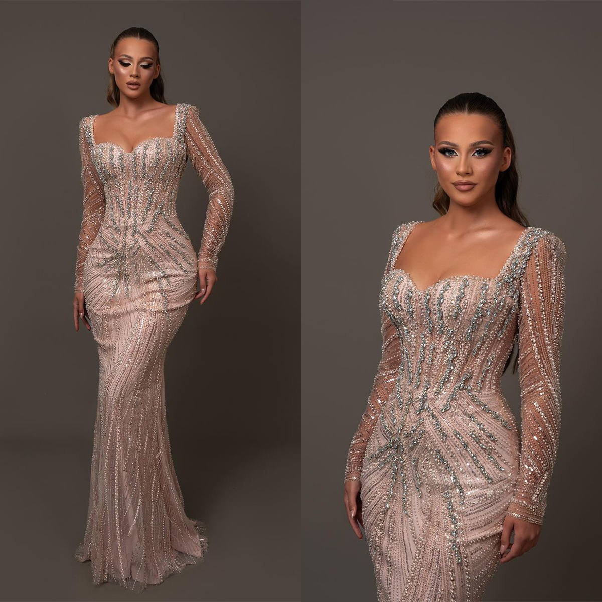 Crystal Beaded Romantic Mermaid Evening Dresses Pear Party Prom Sequins Long Sleeve Formal Dress for Special Ocn