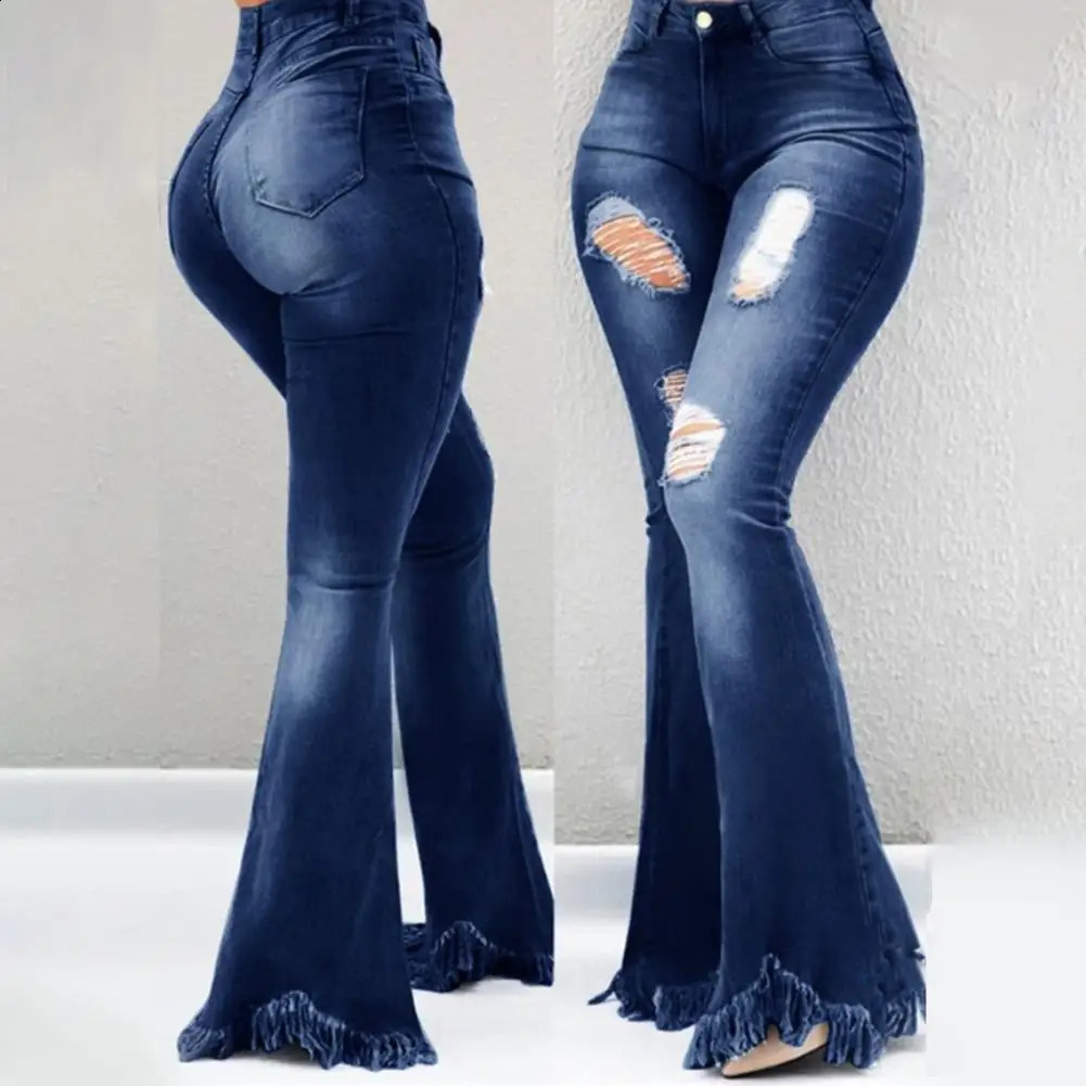 Full Length Denim Women Flared Pants High Waist Pockets Ripped Holes Bell Bottom Trousers Tassel Cuffs Pant Jeans y250121