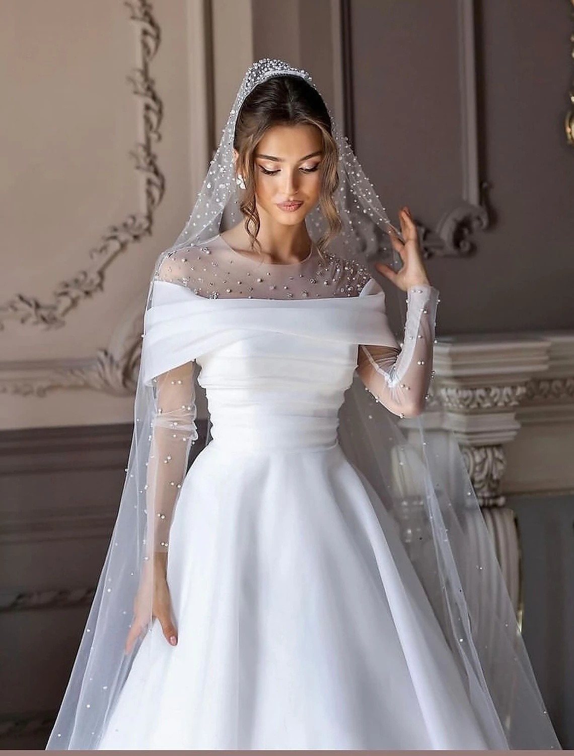 Long Exquisite Sleeves Wedding Dress Scoop Pearls Arabic Gowns Floor Trumpet Bridal Dresses Robe De Soiree es