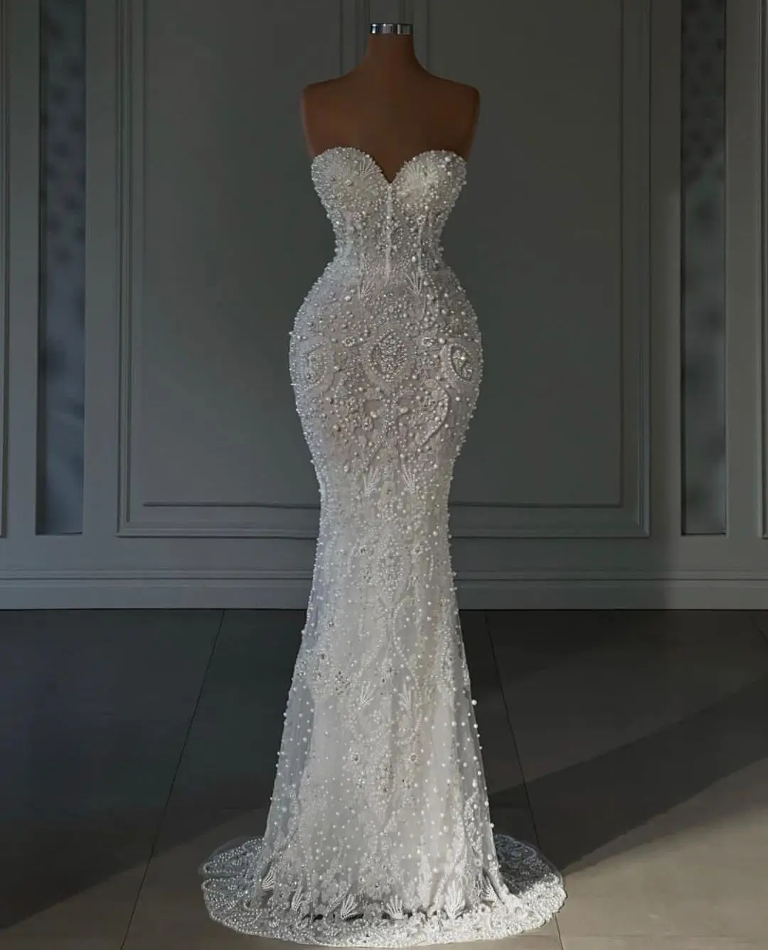 Sweetheart Elegant Pearls Mermaid Strapless Wedding Dress Appliques Beaded Custom Made Sleeveless Bride Dresses Es