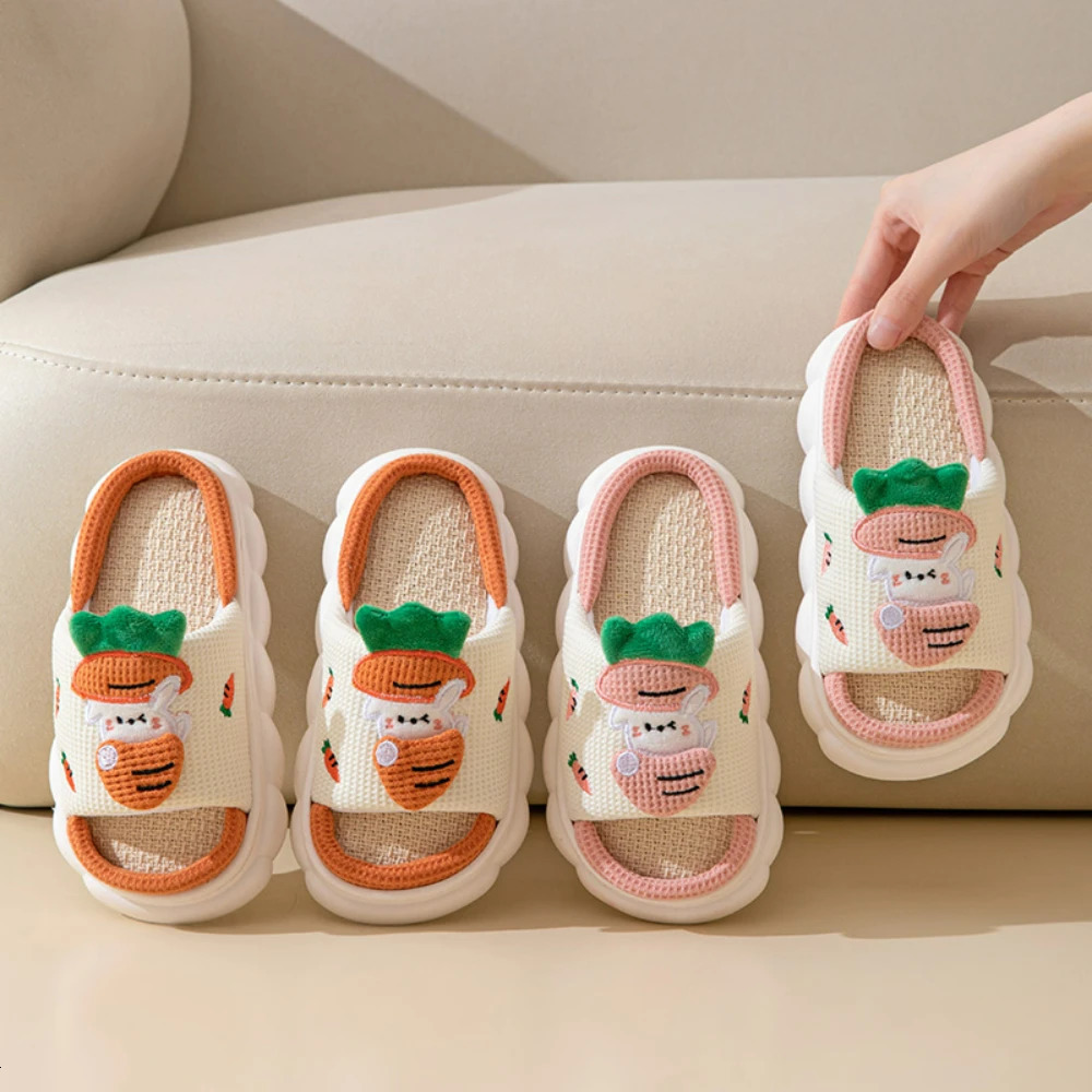 Cute Cartoon Slippers Kids Soft Cotton Linen Children Slippers Thick Bottom Home Shoes Funny Frog Cow Slides Outdoor Beach Shoes 240118