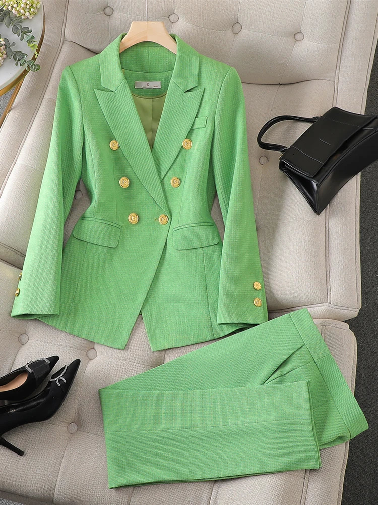 Fashion Pink Green Black Ladies Work Wear Pant Suit Women Female Button Decoration Formal Jacket Blazer and Trouser 2 Piece Set 240127