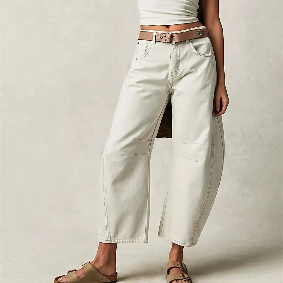 Women Vintage Mid Waist Jeans Wide Leg Loose Boyfriend Denim Cropped Pants Straight Rise Y2k Barrel 240127