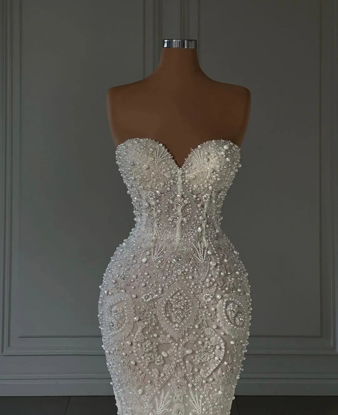 Mermaid Elegant Pearls Bridal Gowns Strapless Wedding Dress Appliques Beaded Custom Made Sleeveless Bride Dresses Vestido De Novia Es