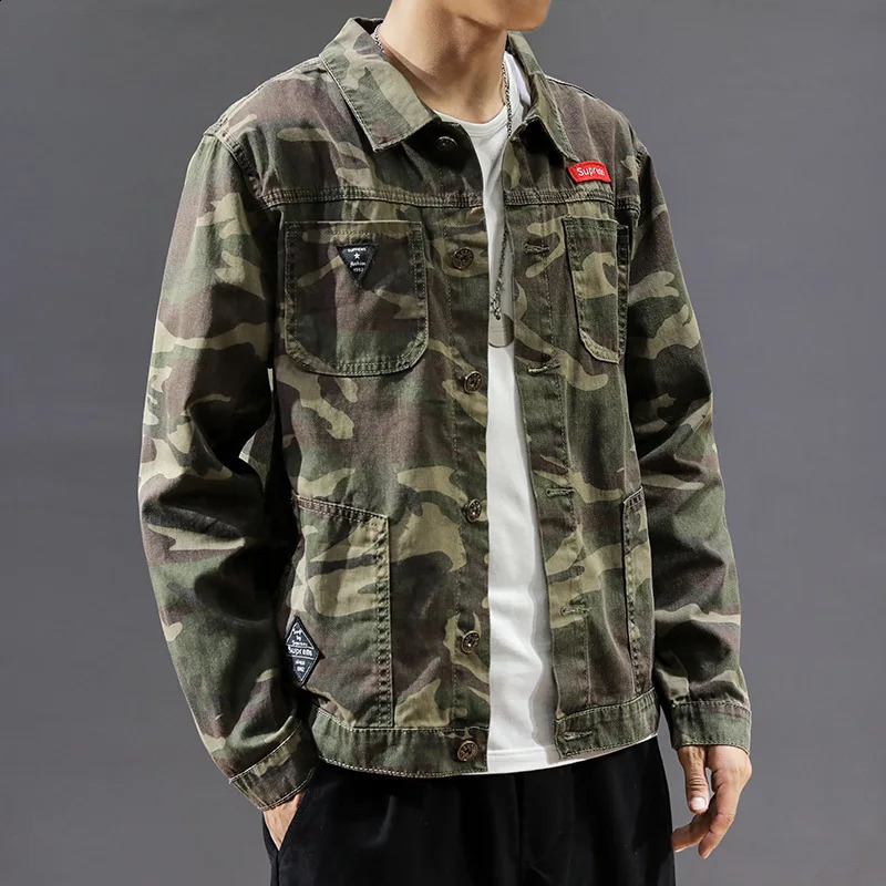 2023 Spring Autumn Men Black Denim Jacket Mens AllMatch Korean Casual Fashionable Male Camouflage Work Shirt Top 240202