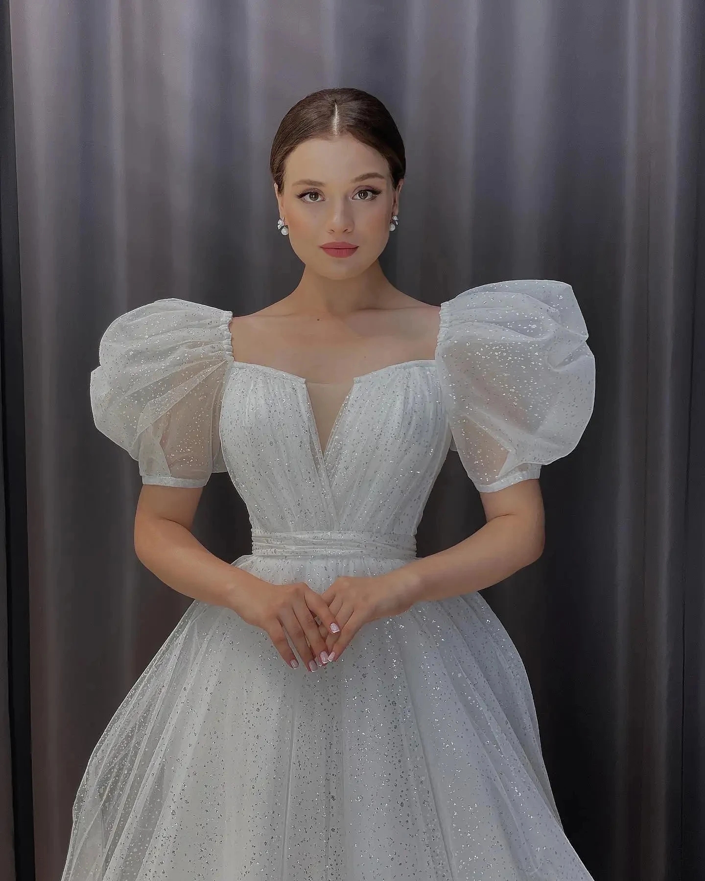 New Princess Sequined Wedding Dress V-neck Short Sleeves A-Line Shiny Bridal Formal Gowns Vestido De Novia Robe De Mariage