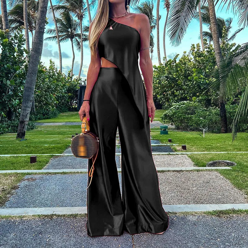 Fashion Solid Irregular Tops Elegant Set Sexy One Shoulder Slant Collar Party Two Piece Women High Waist Wide Leg Pants Sets 240130