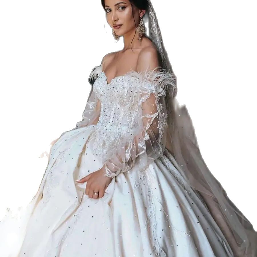 Modest Ball Gowns Wedding Dresses Sparkly Sequins Feather Bridal Gown Luxury Long Bride Robe Vestido De Novia