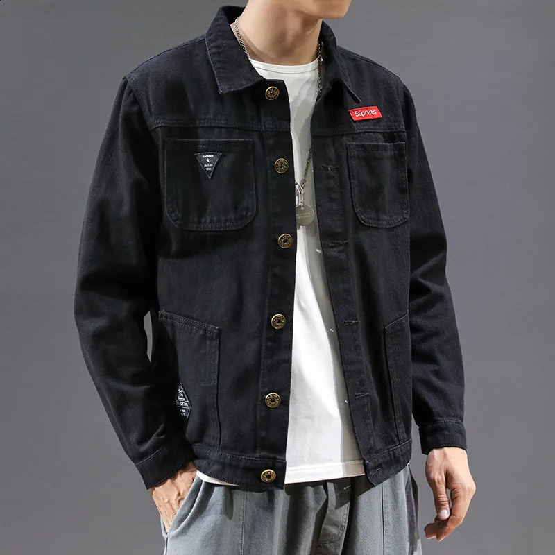 2023 Spring Autumn Men Black Denim Jacket Mens AllMatch Korean Casual Fashionable Male Camouflage Work Shirt Top 240202