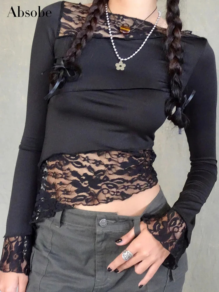 Absobe Lace Asymmetrical Patchwork Crop Top Women Crew T-shirt Petal Sleeve Sheer Versatile Slim Tee tie Outfit Streetwear 240125