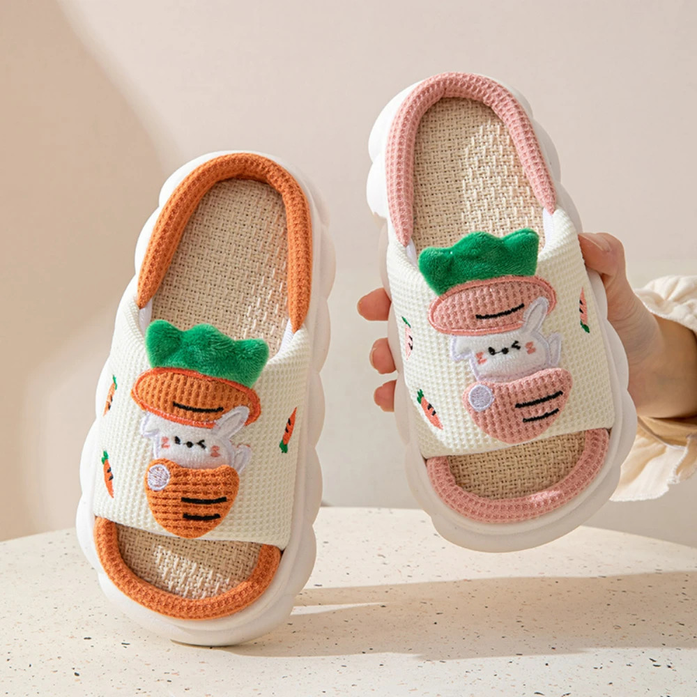Cute Cartoon Slippers Kids Soft Cotton Linen Children Slippers Thick Bottom Home Shoes Funny Frog Cow Slides Outdoor Beach Shoes 240118