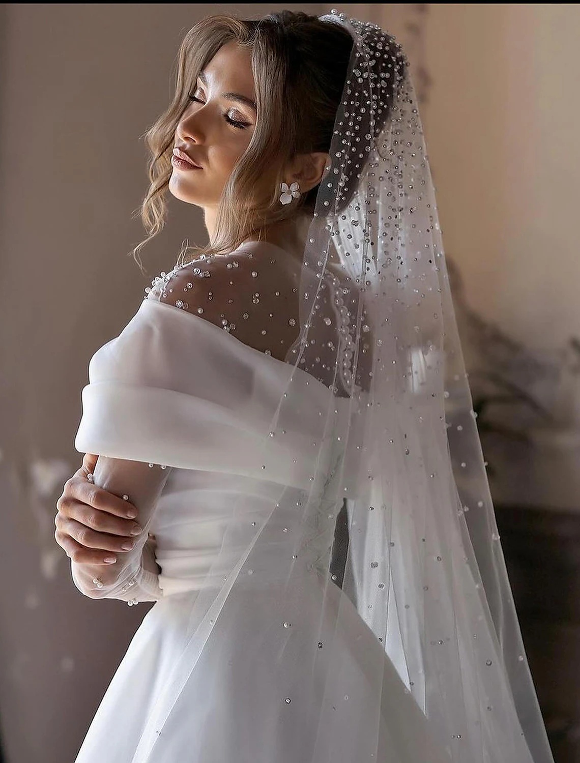 Long Exquisite Sleeves Wedding Dress Scoop Pearls Arabic Gowns Floor Trumpet Bridal Dresses Robe De Soiree es