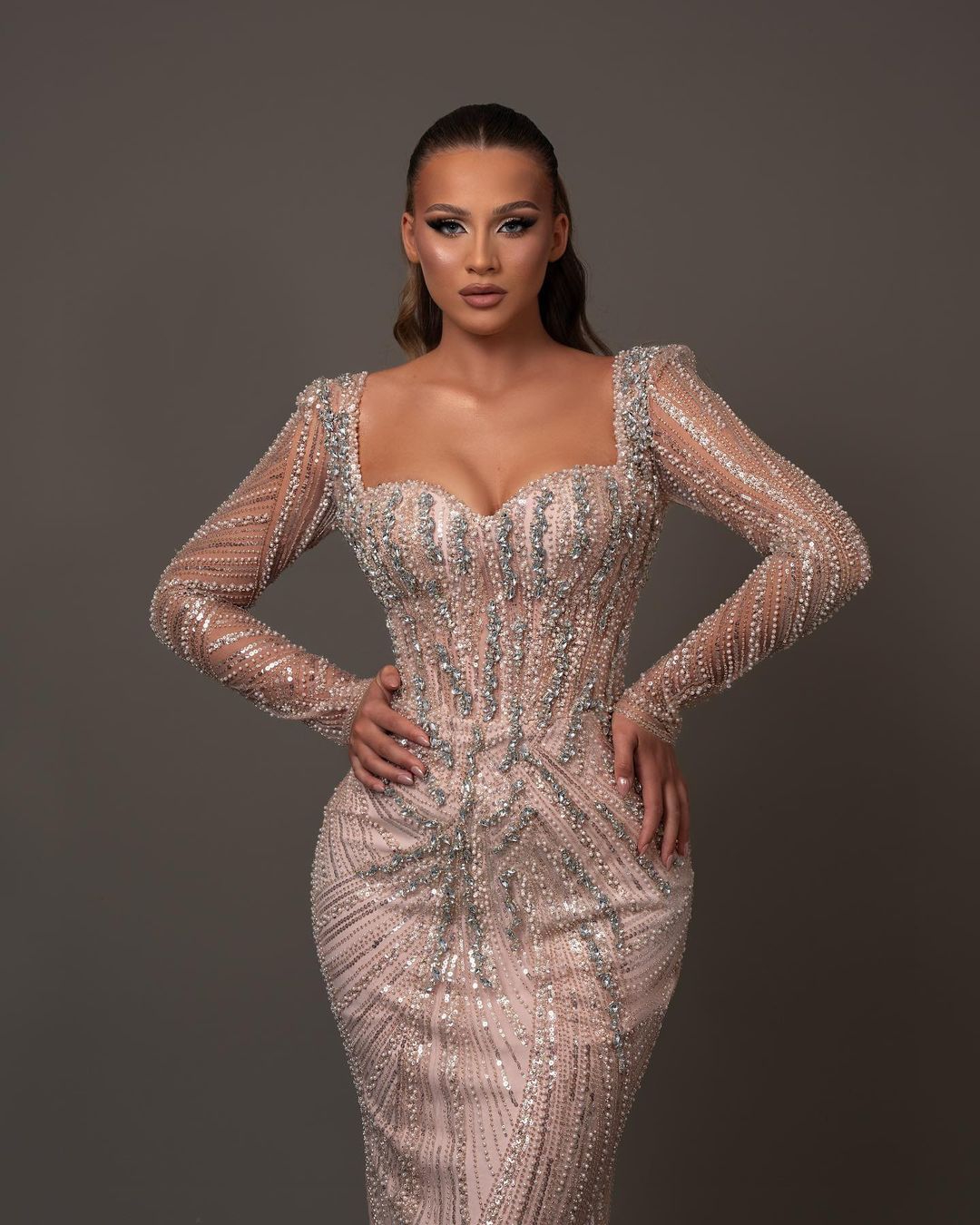 Crystal Beaded Romantic Mermaid Evening Dresses Pear Party Prom Sequins Long Sleeve Formal Dress for Special Ocn