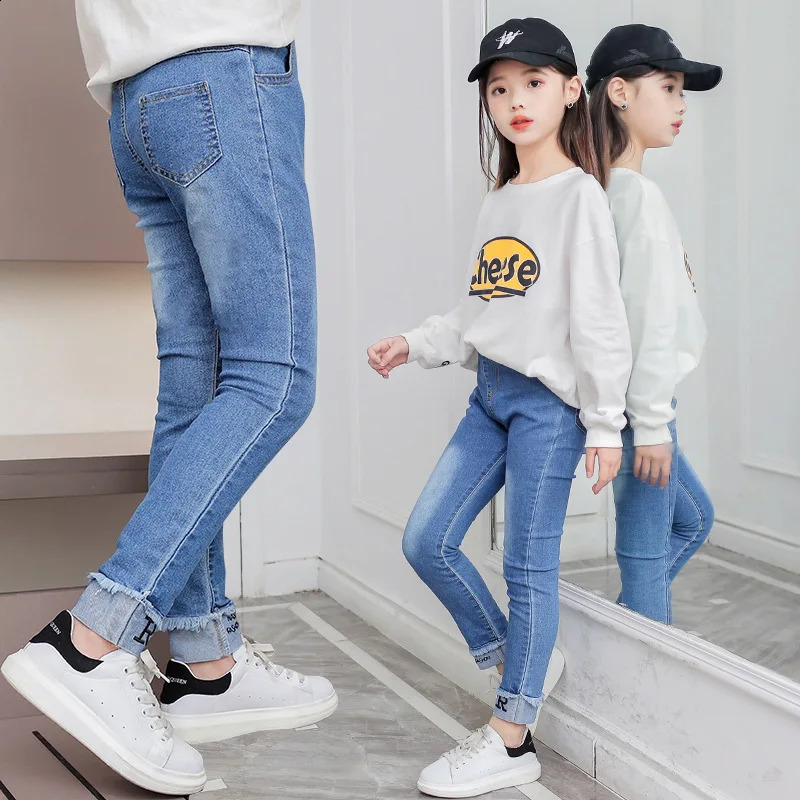 Spring Fashion Kids Jeans Girls Holes Jeans Toddler Baby High Quality Letter Print Elastic Waist Jeans Teen Tight Pencil Pants 240118