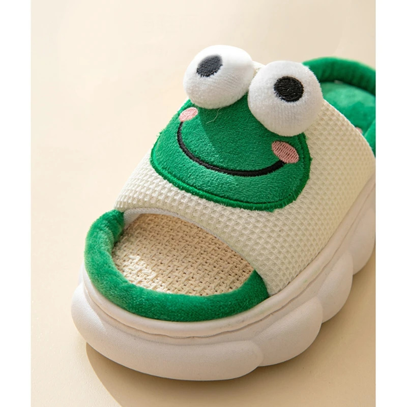 Cute Cartoon Slippers Kids Soft Cotton Linen Children Slippers Thick Bottom Home Shoes Funny Frog Cow Slides Outdoor Beach Shoes 240118
