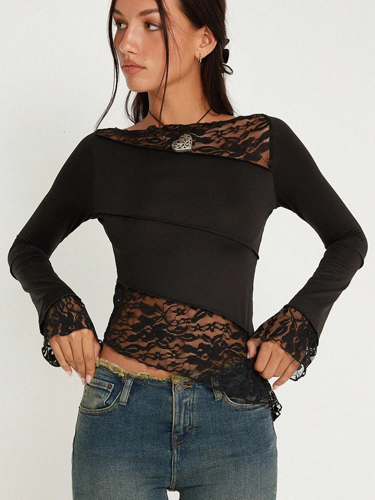 Absobe Lace Asymmetrical Patchwork Crop Top Women Crew T-shirt Petal Sleeve Sheer Versatile Slim Tee tie Outfit Streetwear 240125