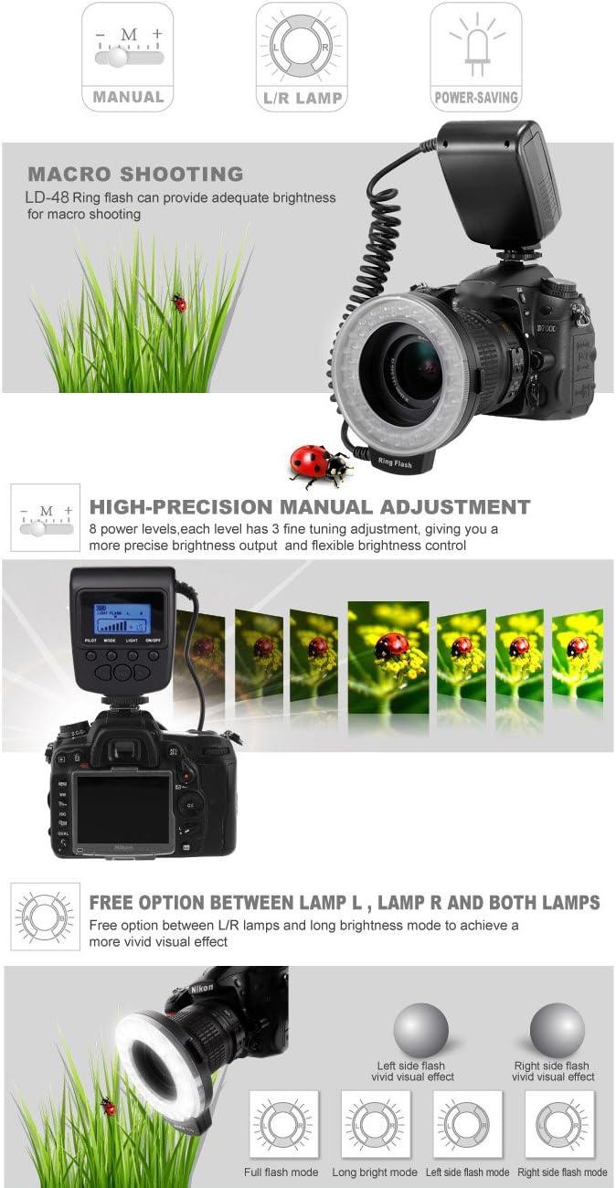 48 Pieces Macro LED Ring Flash Light Dimming Photography Lamp with LCD Screen Display for Nikon Canon Pentax Olympus Panasonic DSLR Camera