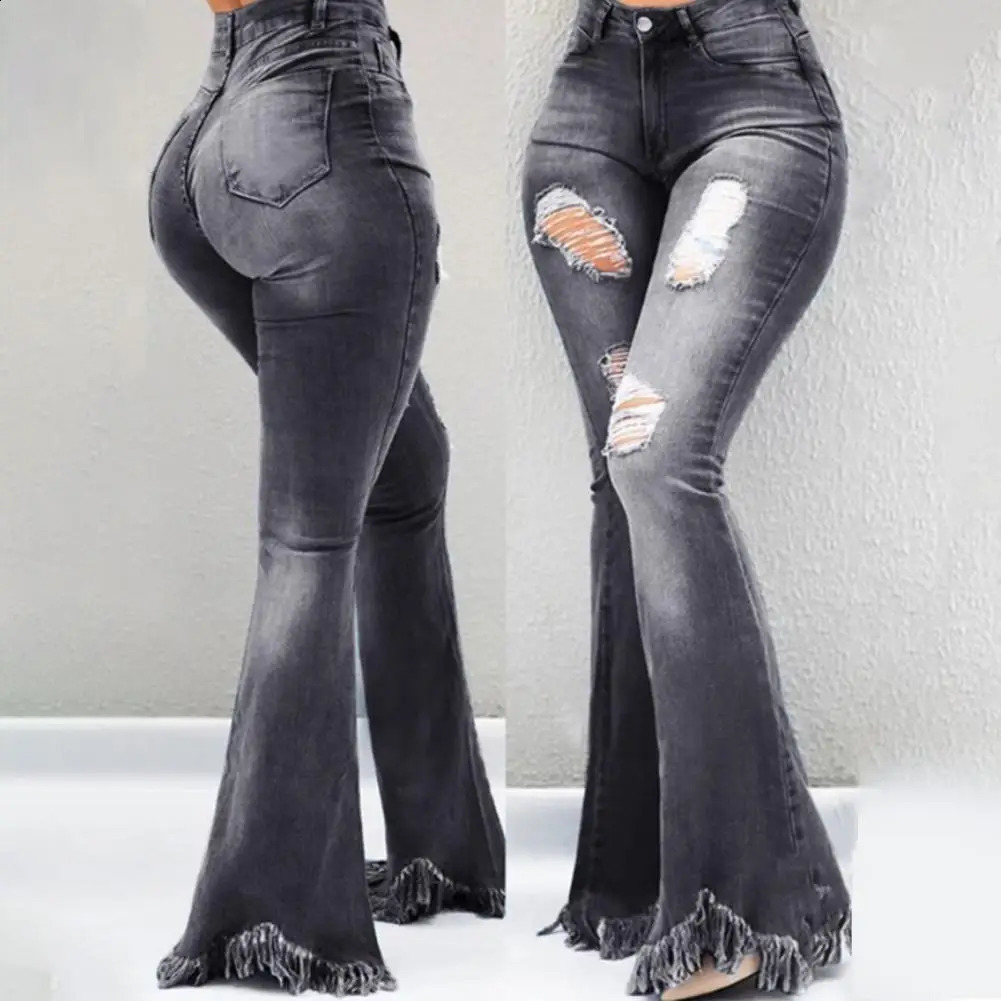 Full Length Denim Women Flared Pants High Waist Pockets Ripped Holes Bell Bottom Trousers Tassel Cuffs Pant Jeans y250121