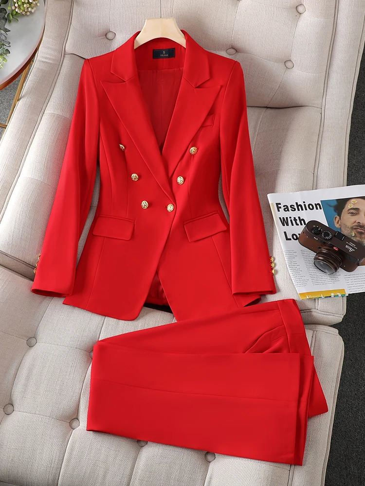 Fashion Pink Green Black Ladies Work Wear Pant Suit Women Female Button Decoration Formal Jacket Blazer and Trouser 2 Piece Set 240127