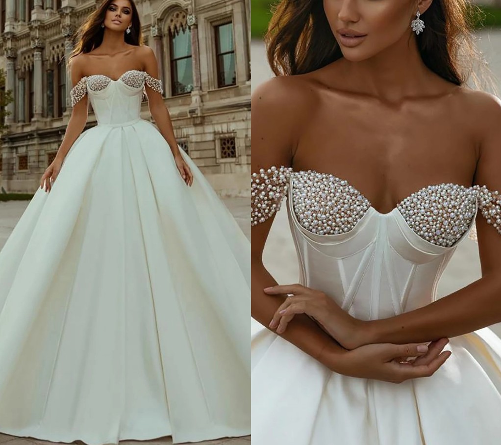 Elegant Wedding Dress A Line Pearls Sweetheart Neck Off The Shoulder Lace Up Satin Bridal Gowns Custom Made Vestido De Novia