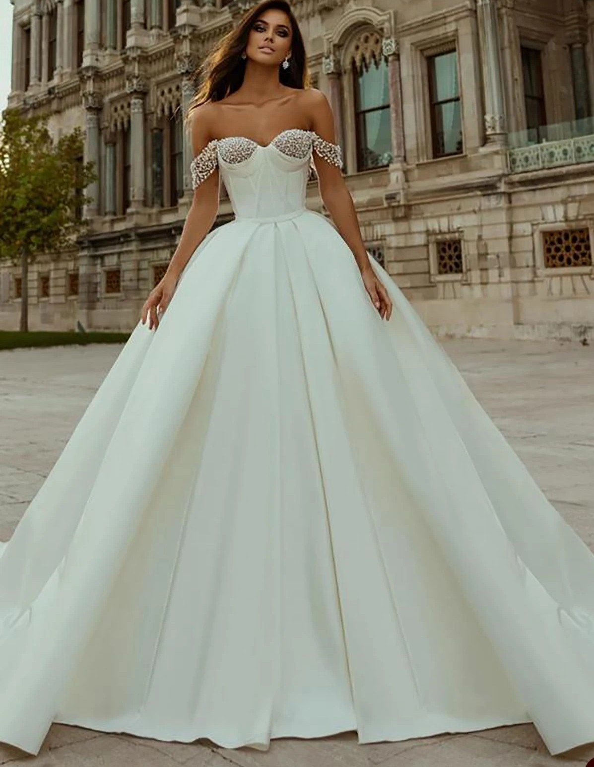 Elegant Wedding Dress A Line Pearls Sweetheart Neck Off The Shoulder Lace Up Satin Bridal Gowns Custom Made Vestido De Novia