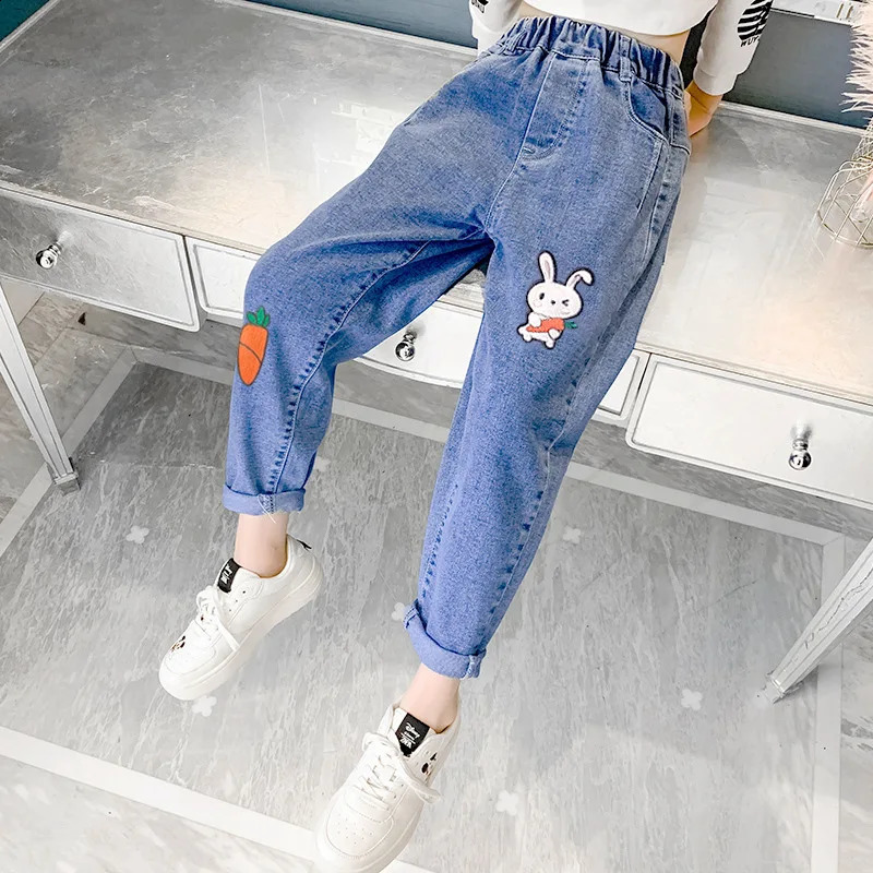 Spring Fashion Kids Jeans Girls Holes Jeans Toddler Baby High Quality Letter Print Elastic Waist Jeans Teen Tight Pencil Pants 240118