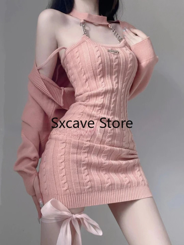 Autumn Pink Knitted Suits Office Lady Casual Y2k Crop Tops Mini Dress Korea Fashion Clothing Even Party 2 Piece Dress Set 240202