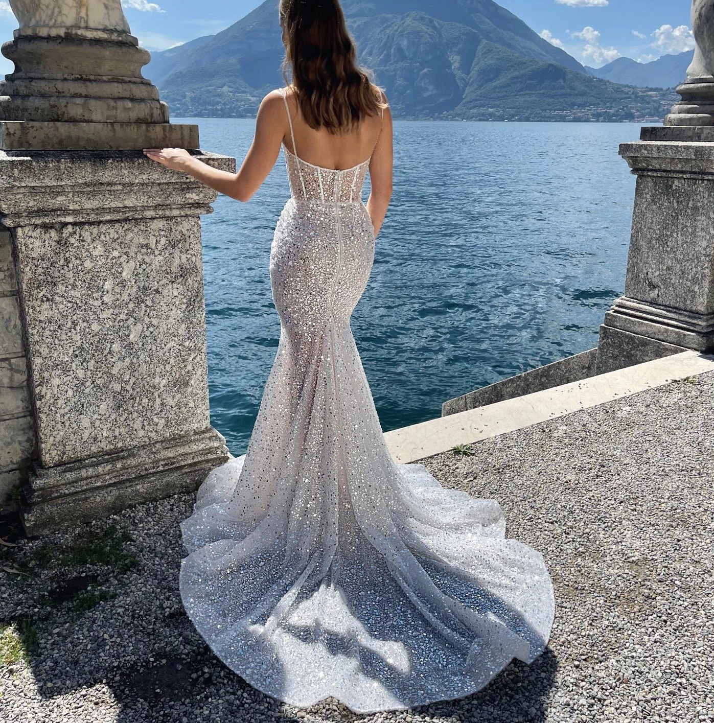 Shiny Mermaid Wedding Dress Spaghetti Strap Sequins Sweetheart Sleeveless Long Train Boho Bridal Gowns Vestidos De Novia