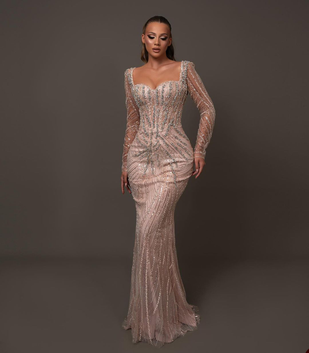 Crystal Beaded Romantic Mermaid Evening Dresses Pear Party Prom Sequins Long Sleeve Formal Dress for Special Ocn