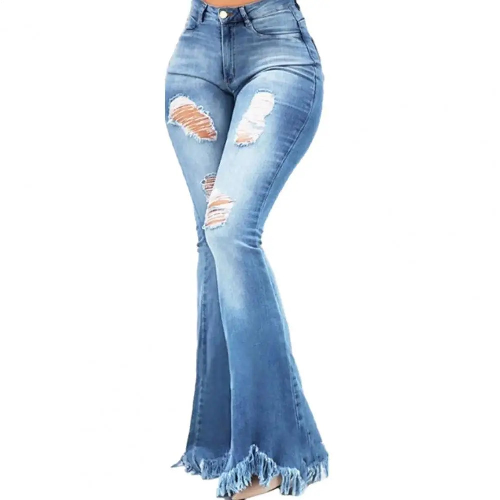 Full Length Denim Women Flared Pants High Waist Pockets Ripped Holes Bell Bottom Trousers Tassel Cuffs Pant Jeans y250121