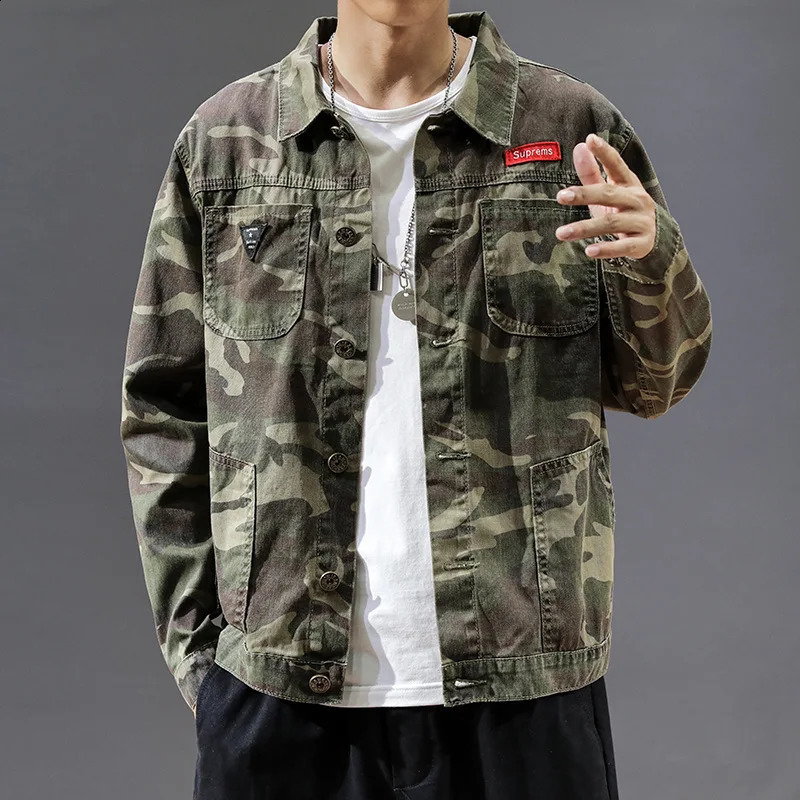 2023 Spring Autumn Men Black Denim Jacket Mens AllMatch Korean Casual Fashionable Male Camouflage Work Shirt Top 240202
