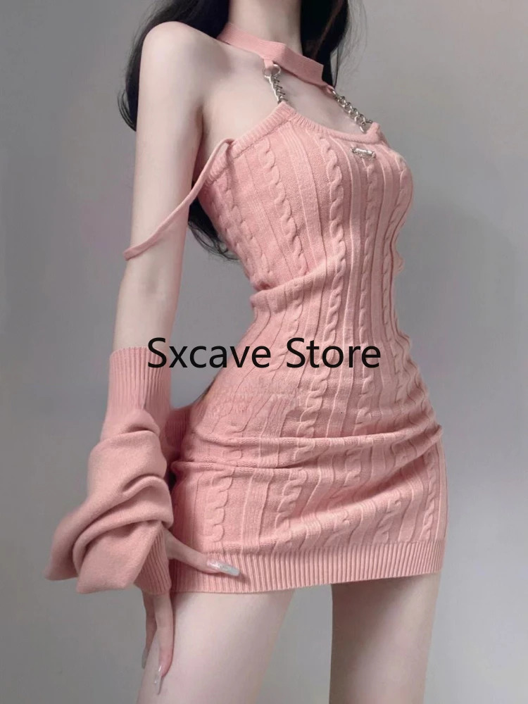 Autumn Pink Knitted Suits Office Lady Casual Y2k Crop Tops Mini Dress Korea Fashion Clothing Even Party 2 Piece Dress Set 240202